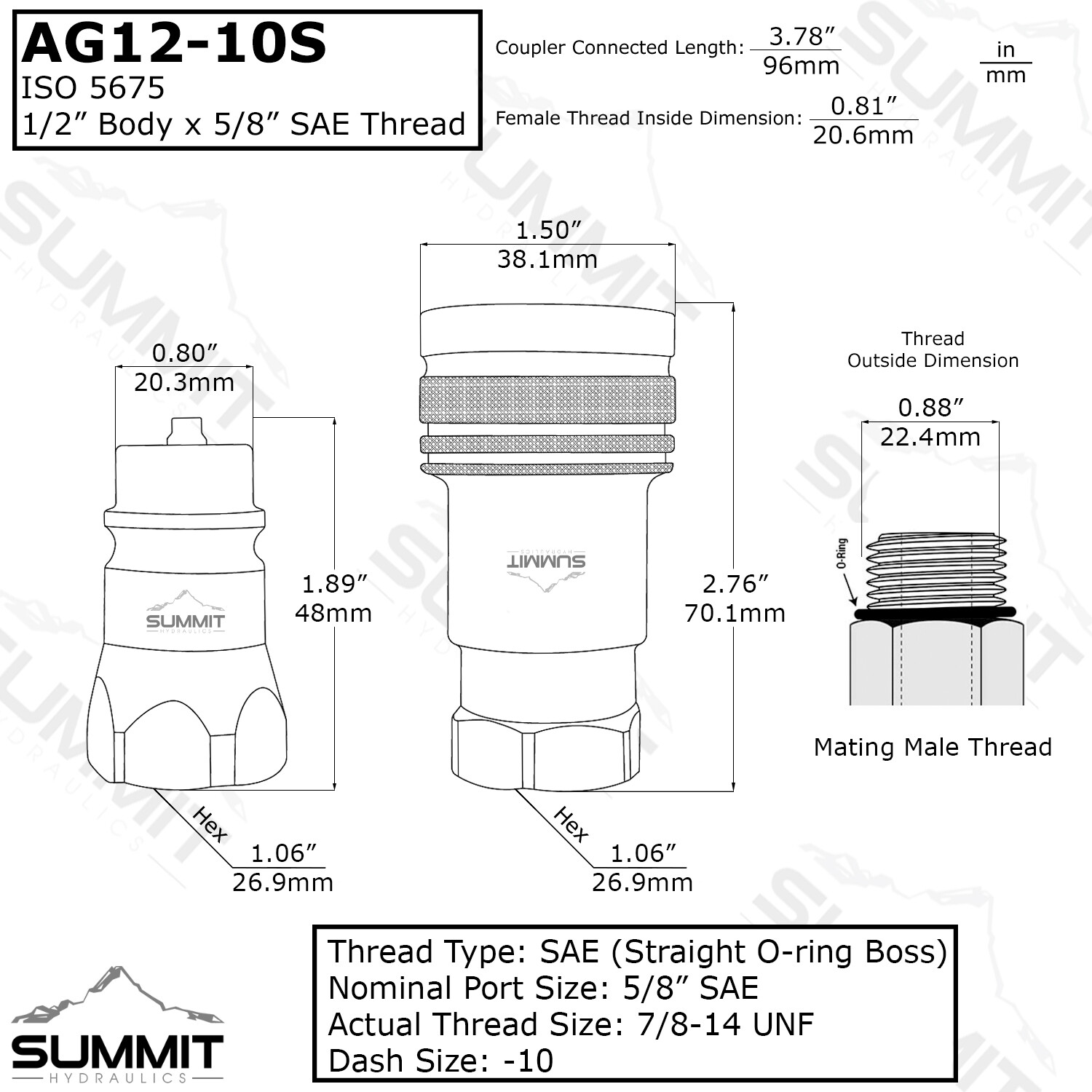 Ag Hydraulic Quick Connect Female Coupler, Poppet Valve, 7/8-14 ORB Thread
