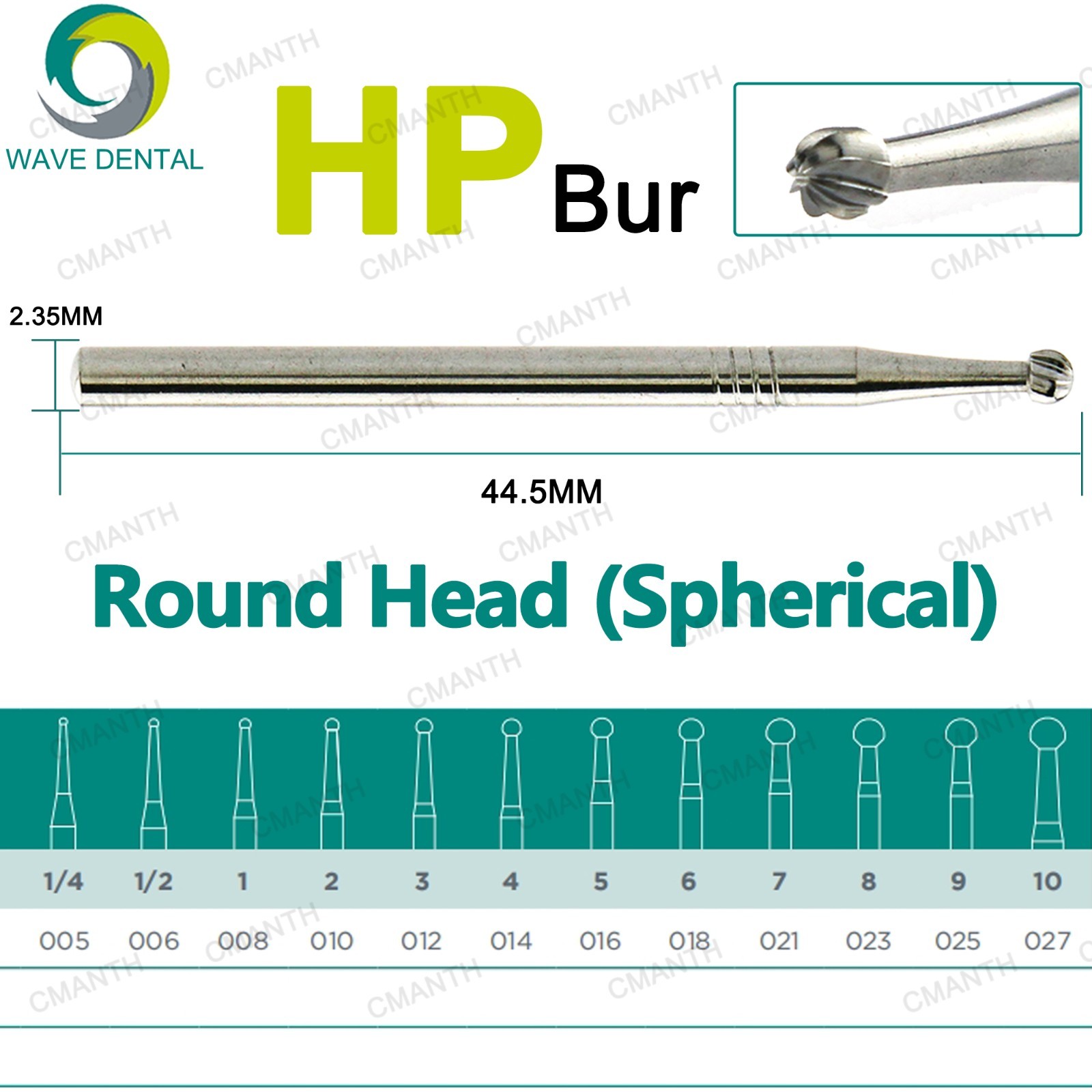 US WAVE Dental Surgical Burs Tungsten Carbide Bur Round HP 44.5mm For Slow Speed