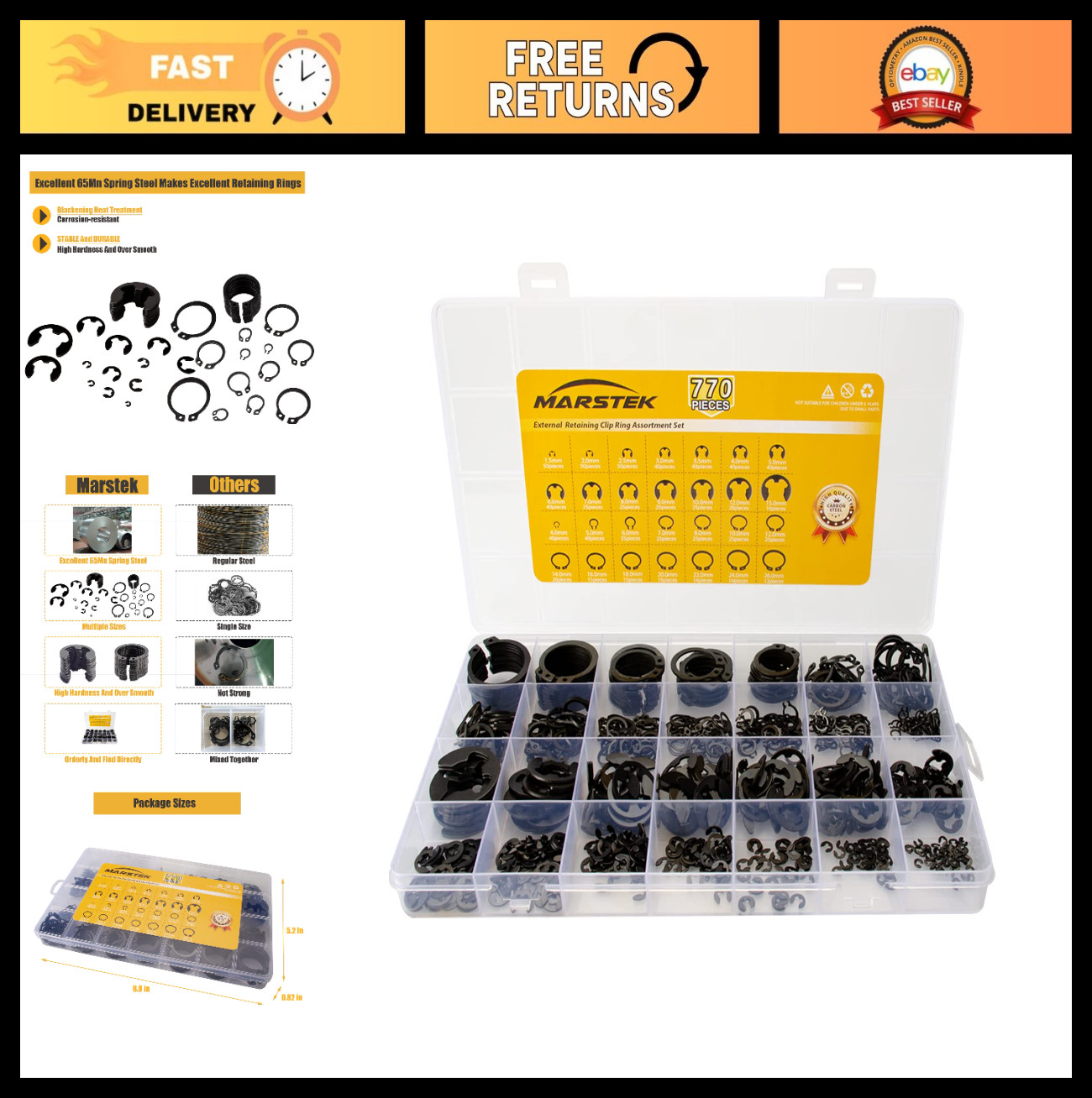 770Pcs C Clips & E Clips Assortment Kit, 28 Sizes Snap Rings, Retaining Circlips