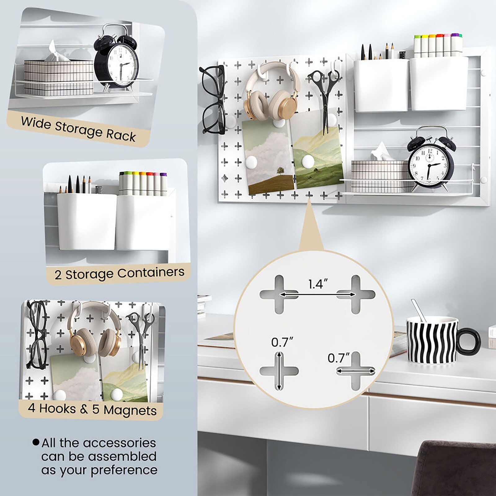 Pegboard Combination Kit Wall Organizer Kit w/ 2 Pegboard Panels for Office