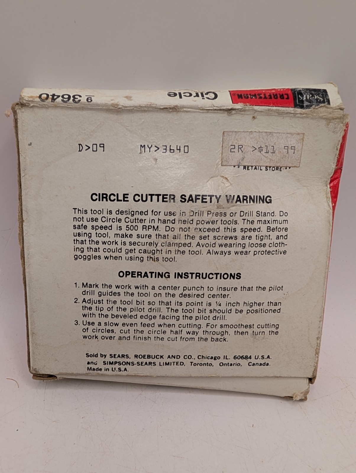 SEARS Craftsman # 3640 Circle Cutter 1/2″ Shank 1-3/4″ to 6-1/2″ Cap Box 9-3640