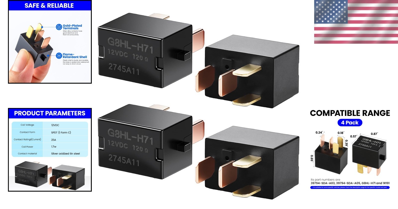 4 Pack Power Relay Assembly Compatible for Honda Accord Civic CR-V MDX 12V