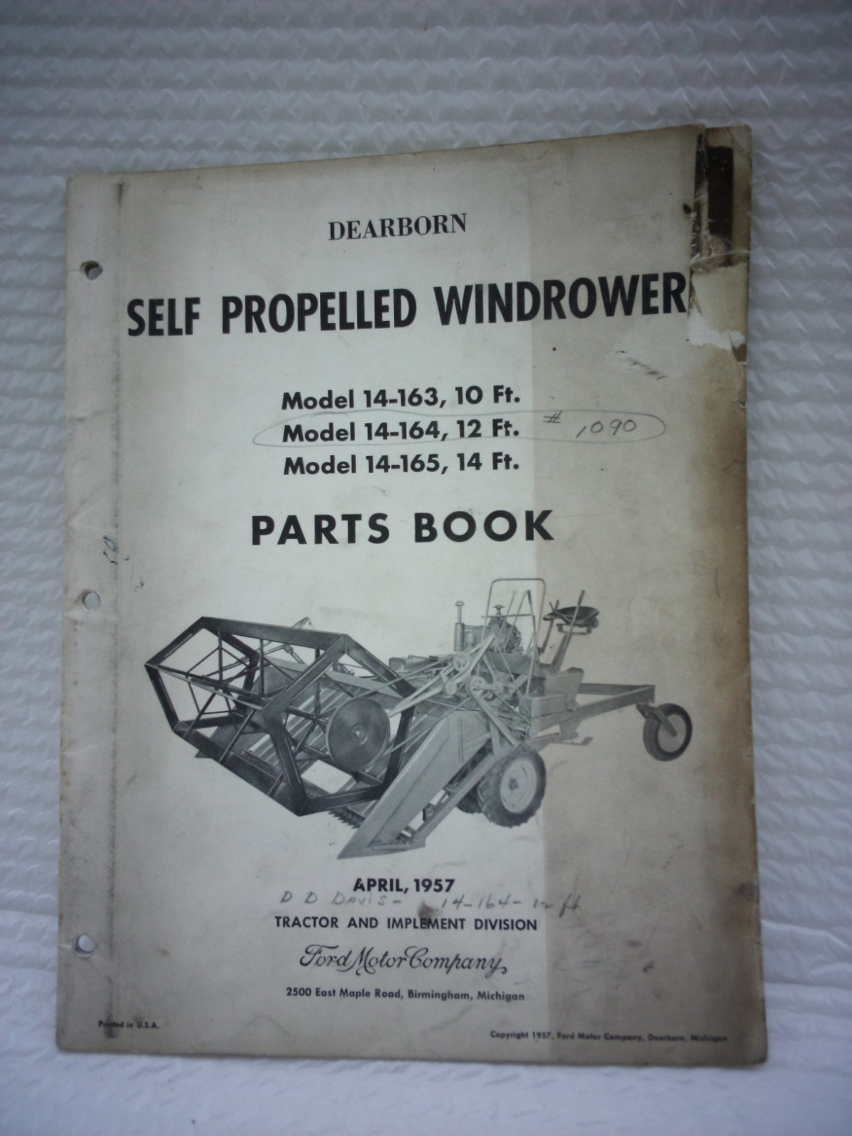 Ford Dearborn Windrower self-propelled Parts Book Model 14-163 164 165