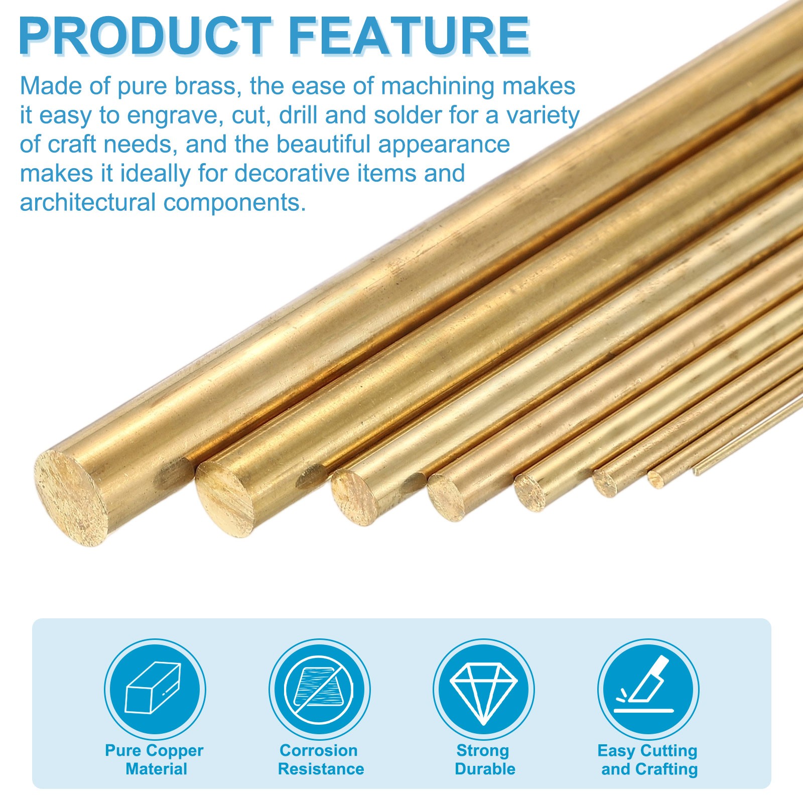 2Pcs, 5mm Dia. 12cm / 4.72 Inch Length Round Brass Rods Brassy