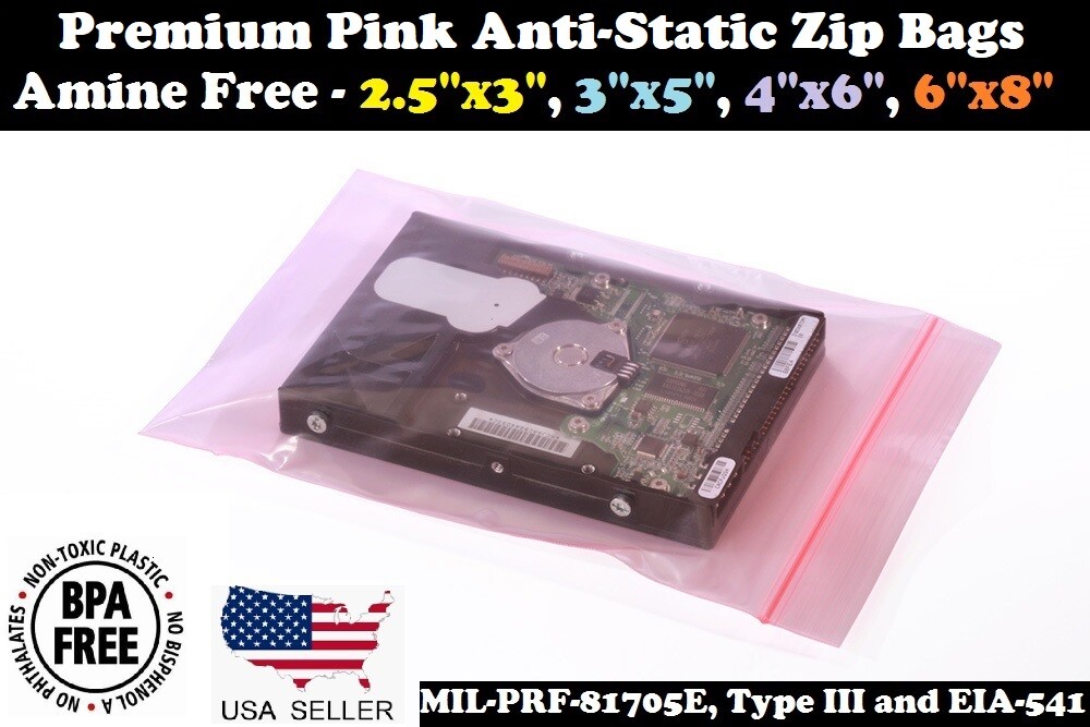 Pink Anti-Static Plastic Bags 4Mil Top Lock Zip Seal Reclosable 2.5×3 4 5 6 8″