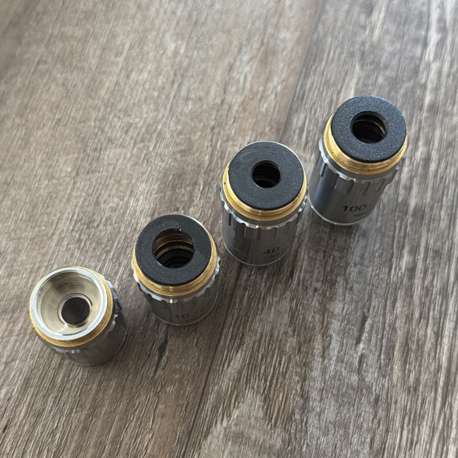 4 Microscope Objectives 4x 10x 40x 100x oil Fisher Scientific Micromaster