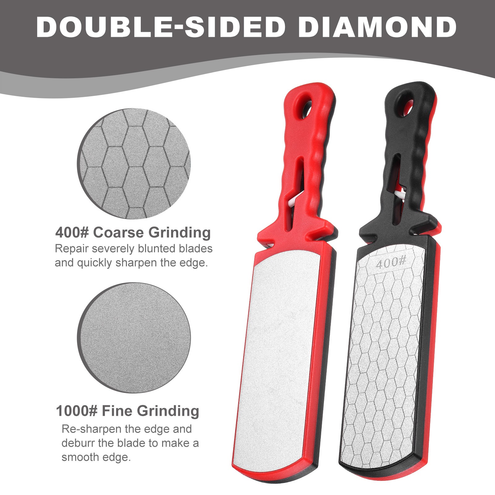 400/1000 Grit Handheld Diamond Sharpening Stone Double-Sided Whetstone Black Red