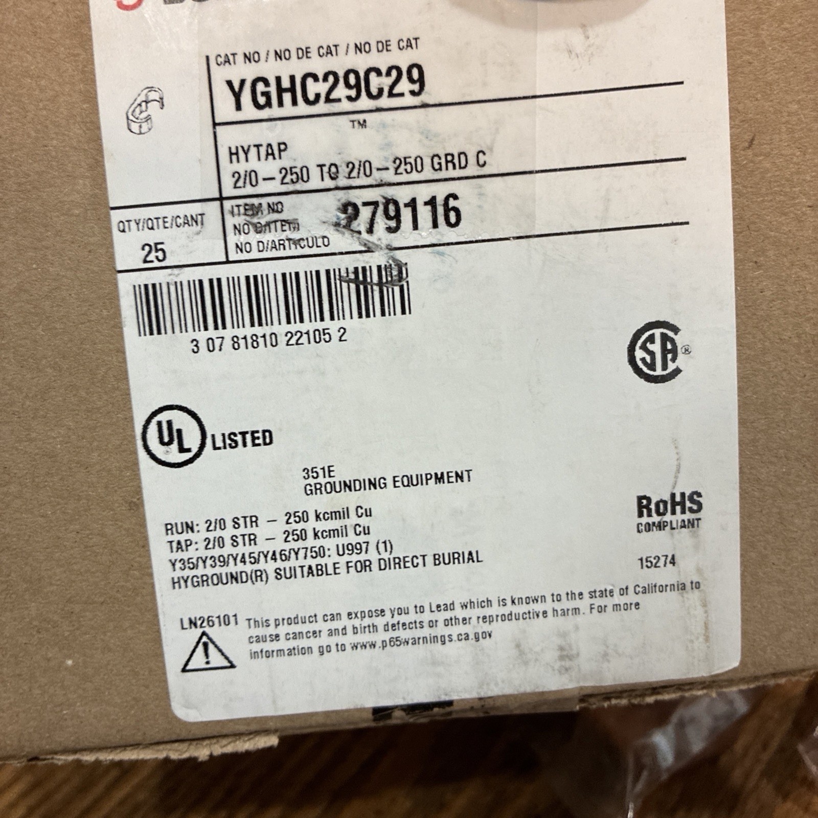 Burndy YGHC29C29 Compression Grounding C-TAP Connector 279116
