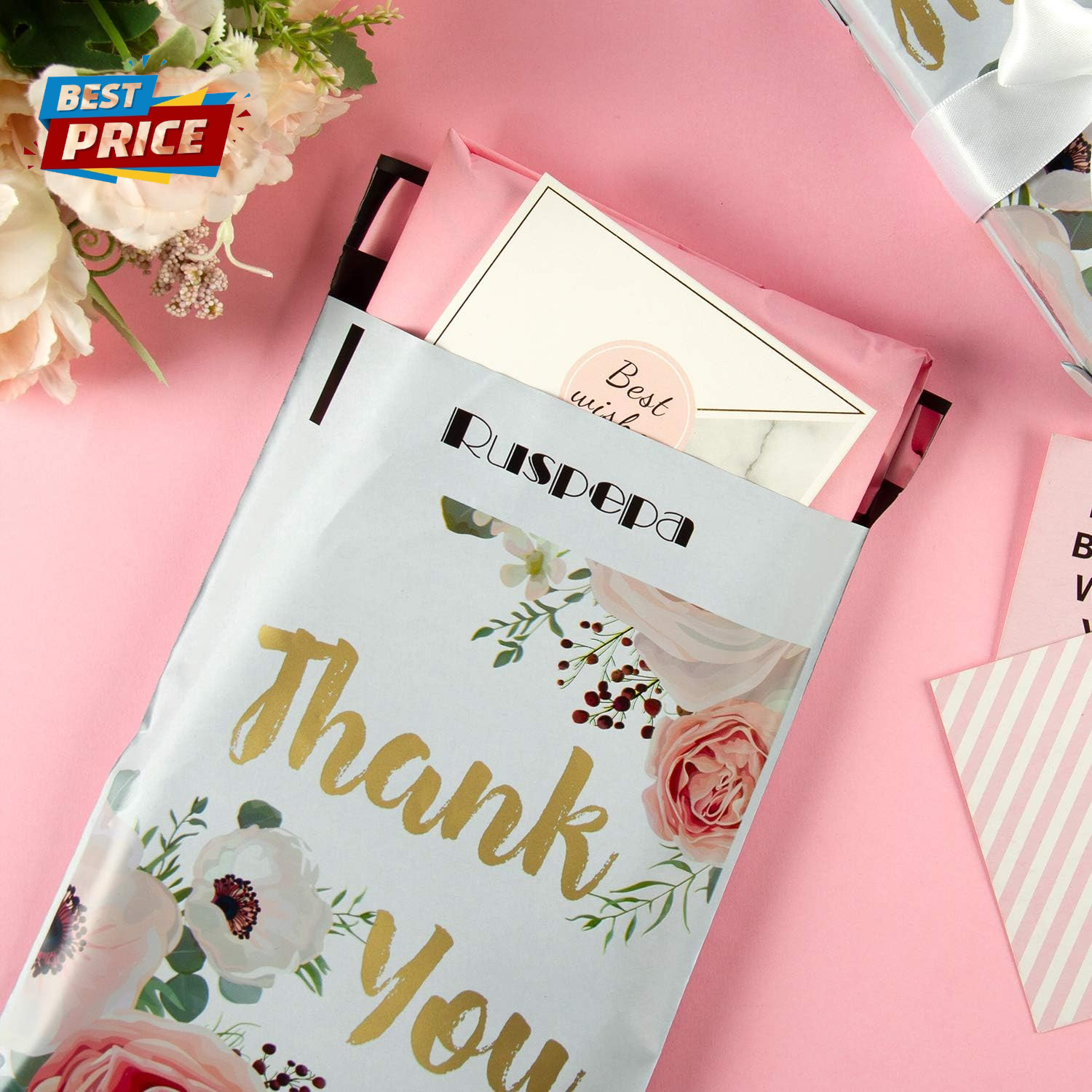 6X9 Inches Poly Mailers Shipping Bags Thank You Notes Flowers Surrounded White P