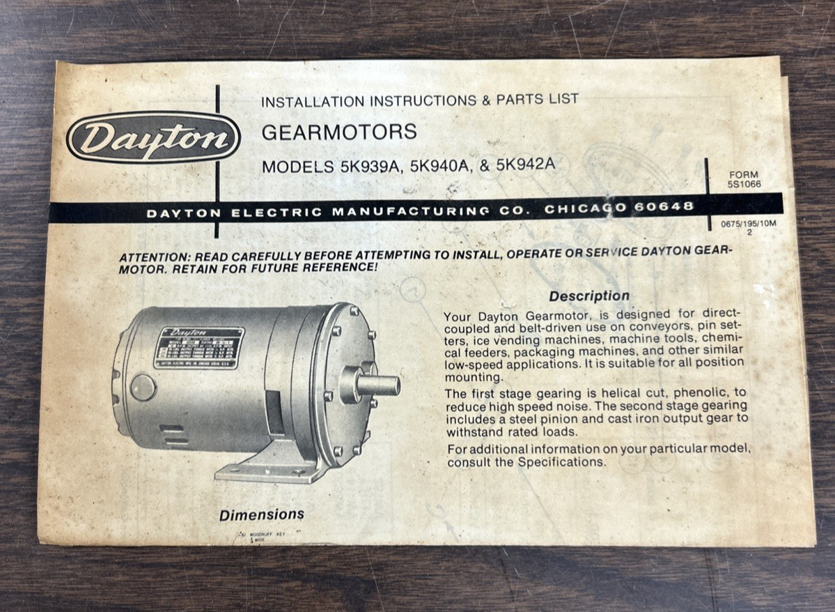 Dayton Gearmotor Model 5K940, 60RPM, 1/4Hp Ratio 29:1, 60Hz