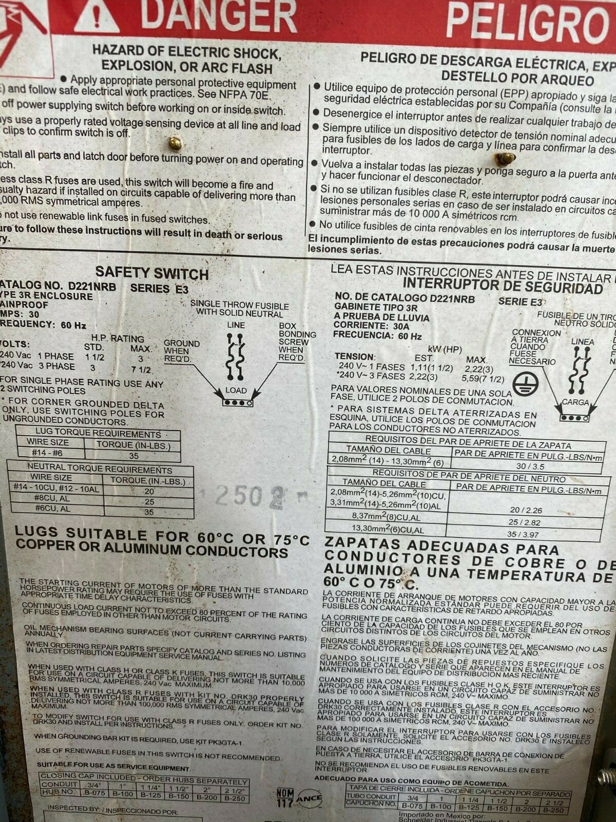 Square D D221NRB General Duty Safety Switch 30A 120/240V