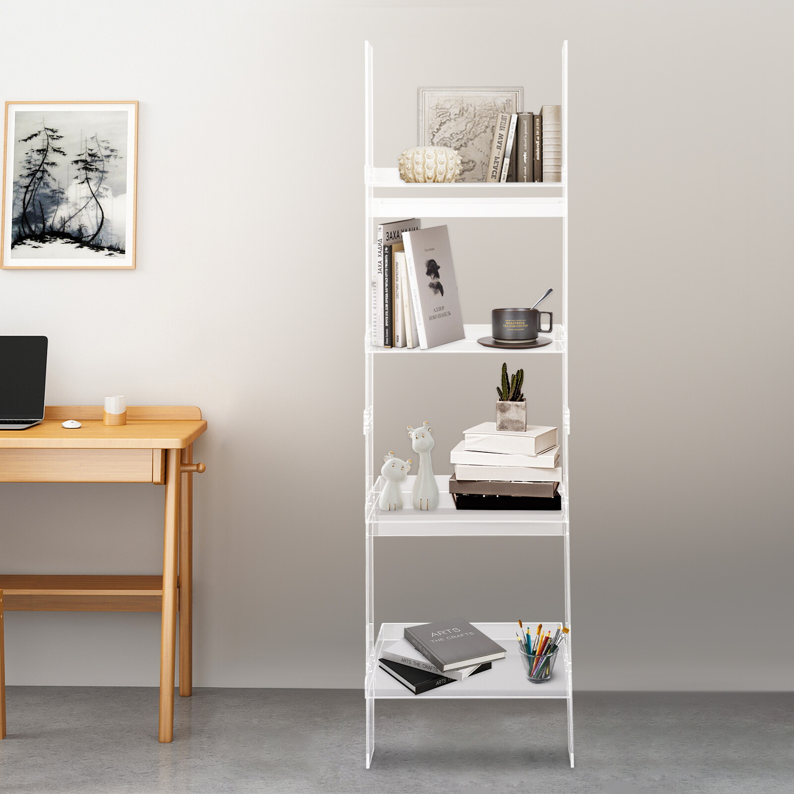 4Tier Acrylic Trapezoid Ladder Bookshelf Leaning Book Display Holder Stand Clear