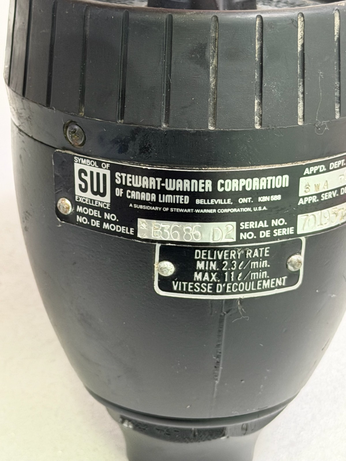 Stewart-Warner B3686 D2 Fluid Control Nozzle Meter Gun Litres Max 11L/min SW