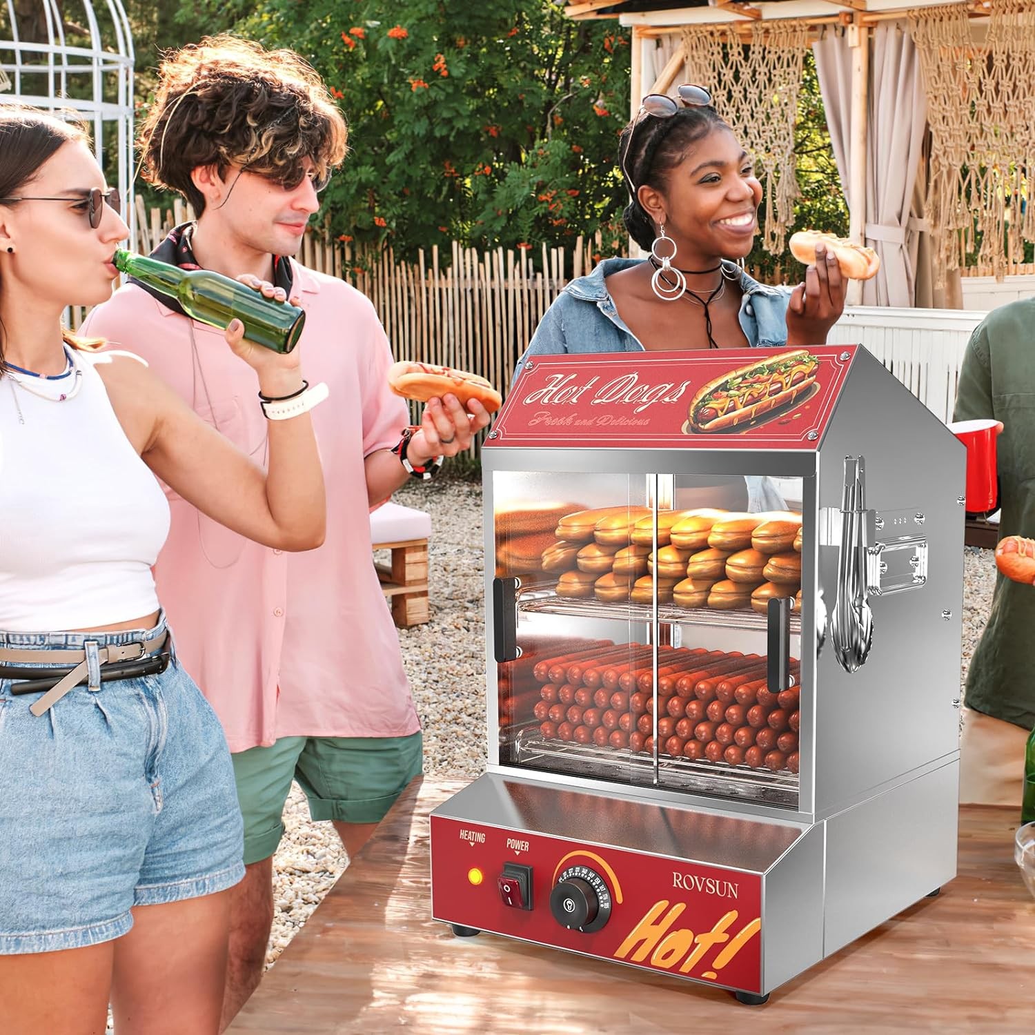 ROVSUN 500W Commercial Hot Dog Steamer 2 Tier Electric Bun Warmer W/Slide Doors