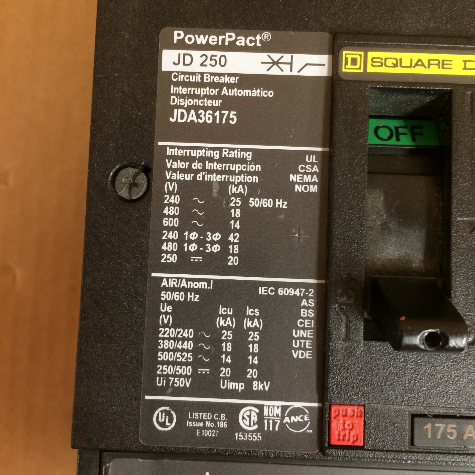 SQUARE D JDA36175 175A 3-PHASE 3-POLE 600V I-LINE POWERPACT J CIRCUIT BREAKER