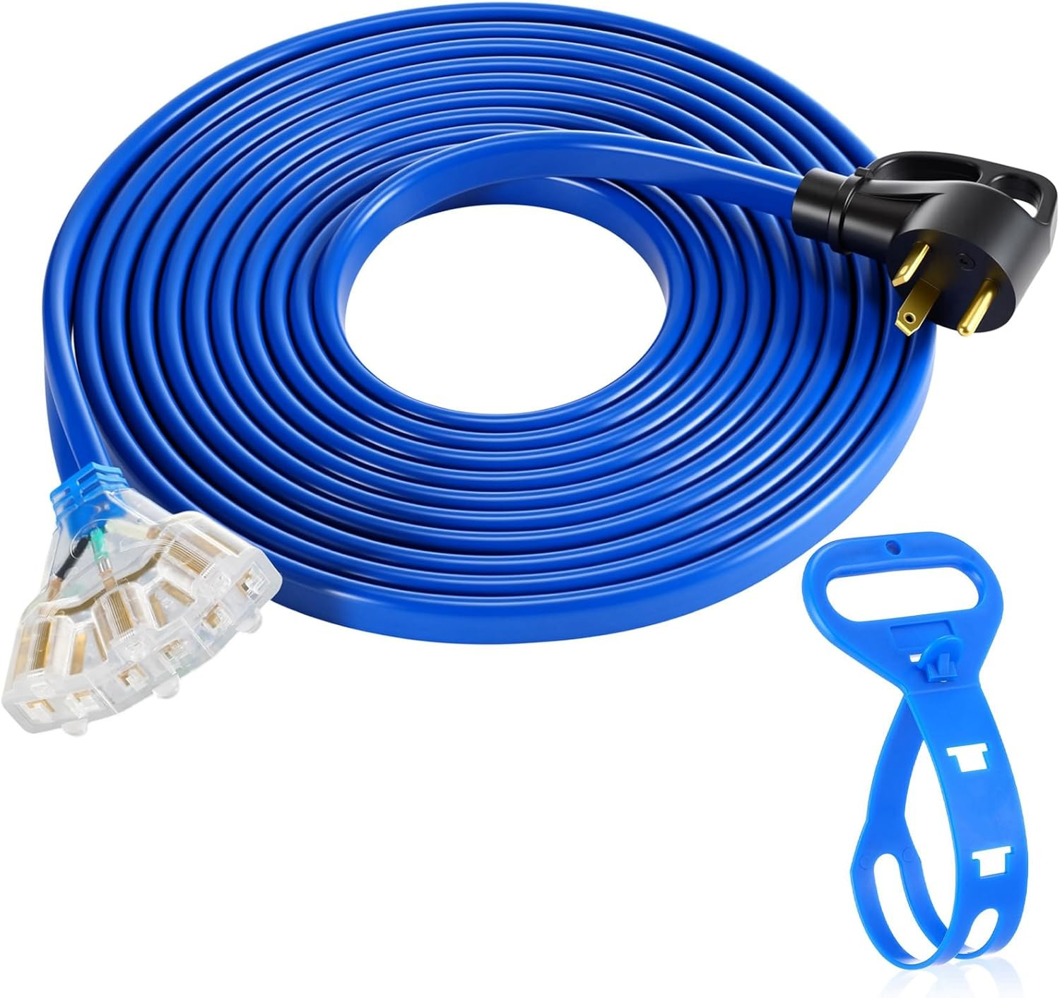 35 FT Flat RV Generator Adapter Cord NEMA TT-30P to 3X 5-20R/5-15R, 30A to 110V