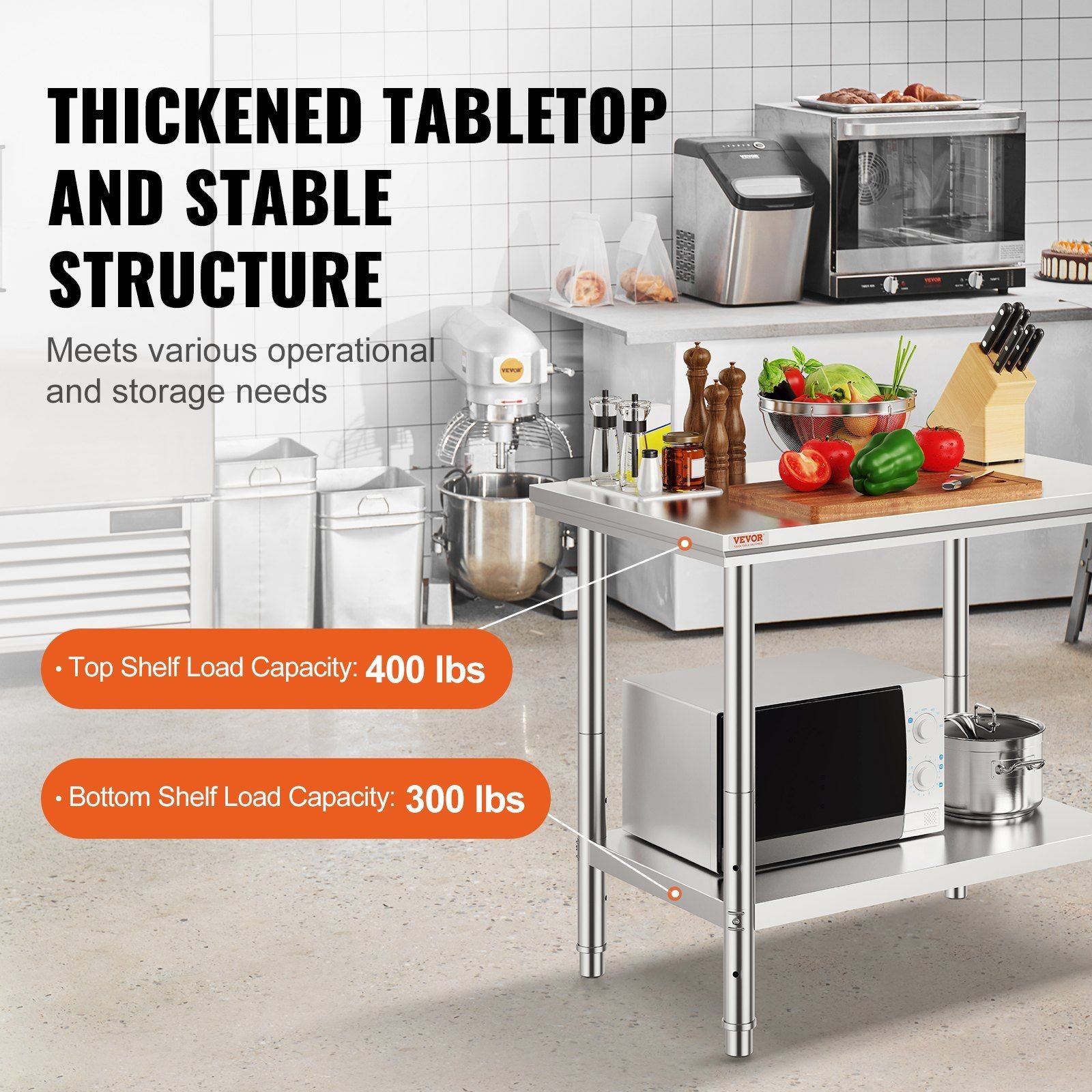 SUS201 Stainless Work Table 35″x24″x31″, Heavy-Duty, Adjustable Shelf Heights