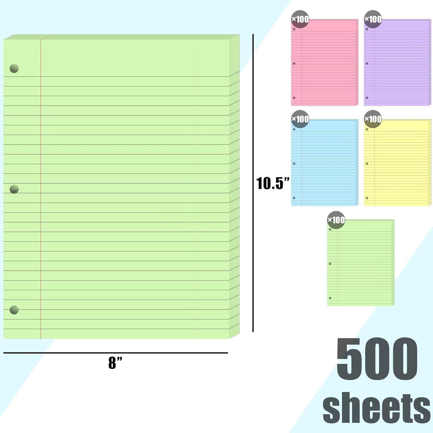 500 Sheets Colored Filler Paper, 5 Colors 8 x 10-1/2 Inch Wide Ruled, 3-Hole …