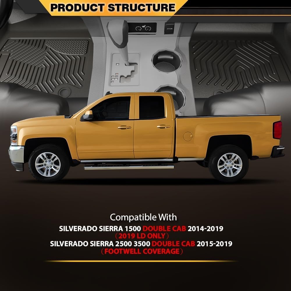 TPE Floor Mats Fit Chevy Silverado GMC Sierra 1500 Double Cab 2014-2019 1st & 2n