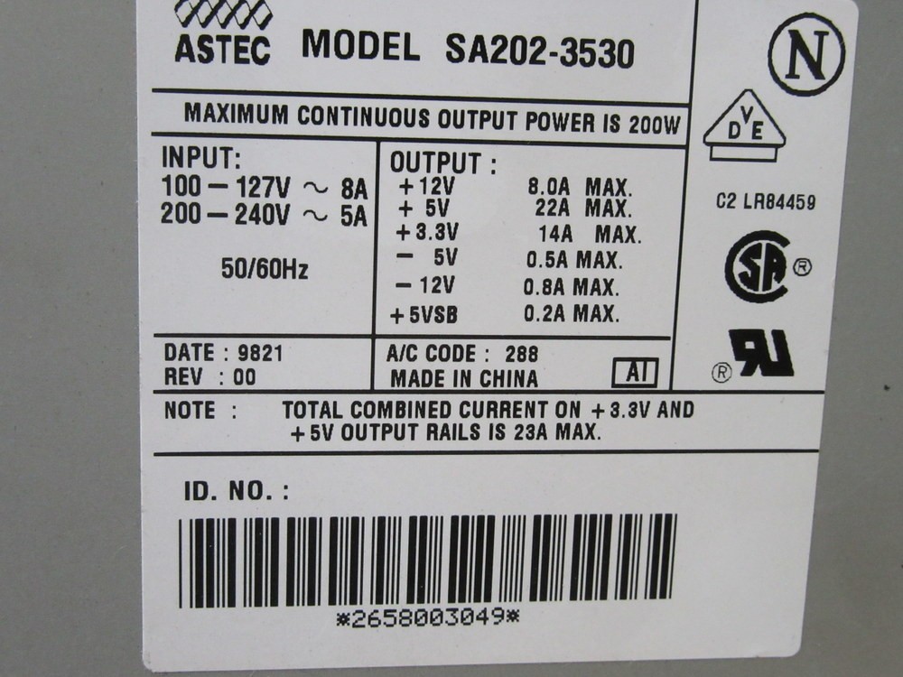 Astec SA202-3530 Power Supply SA202-3530-288
