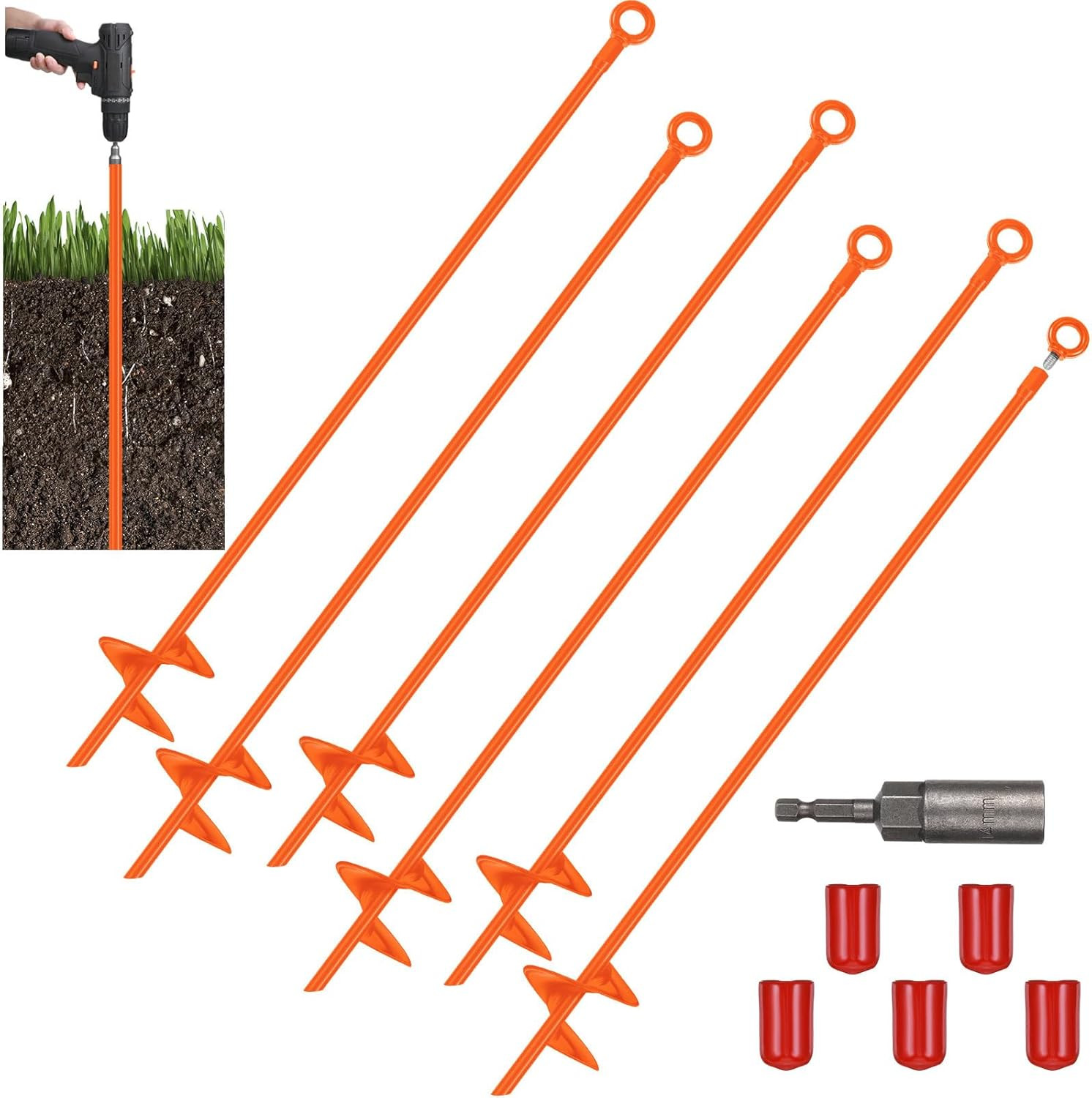 6 Pcs 30 Inch Long Spiral Ground Anchor Heavy Duty Blade Earth Anchor Kit Metal