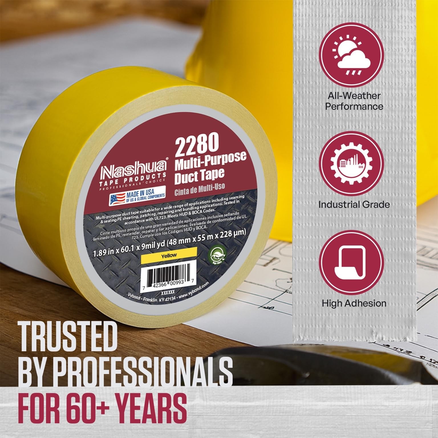 2280 Brown Duct Tape, All Purpose, Water Resistant, 1.89 Inch x 60 yd, 1 Roll