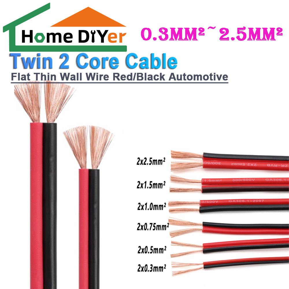Twin 2 Core Cable 0.3mm² ~ 2.5mm² Flat Thin Wall Wire Red/Black Automotive