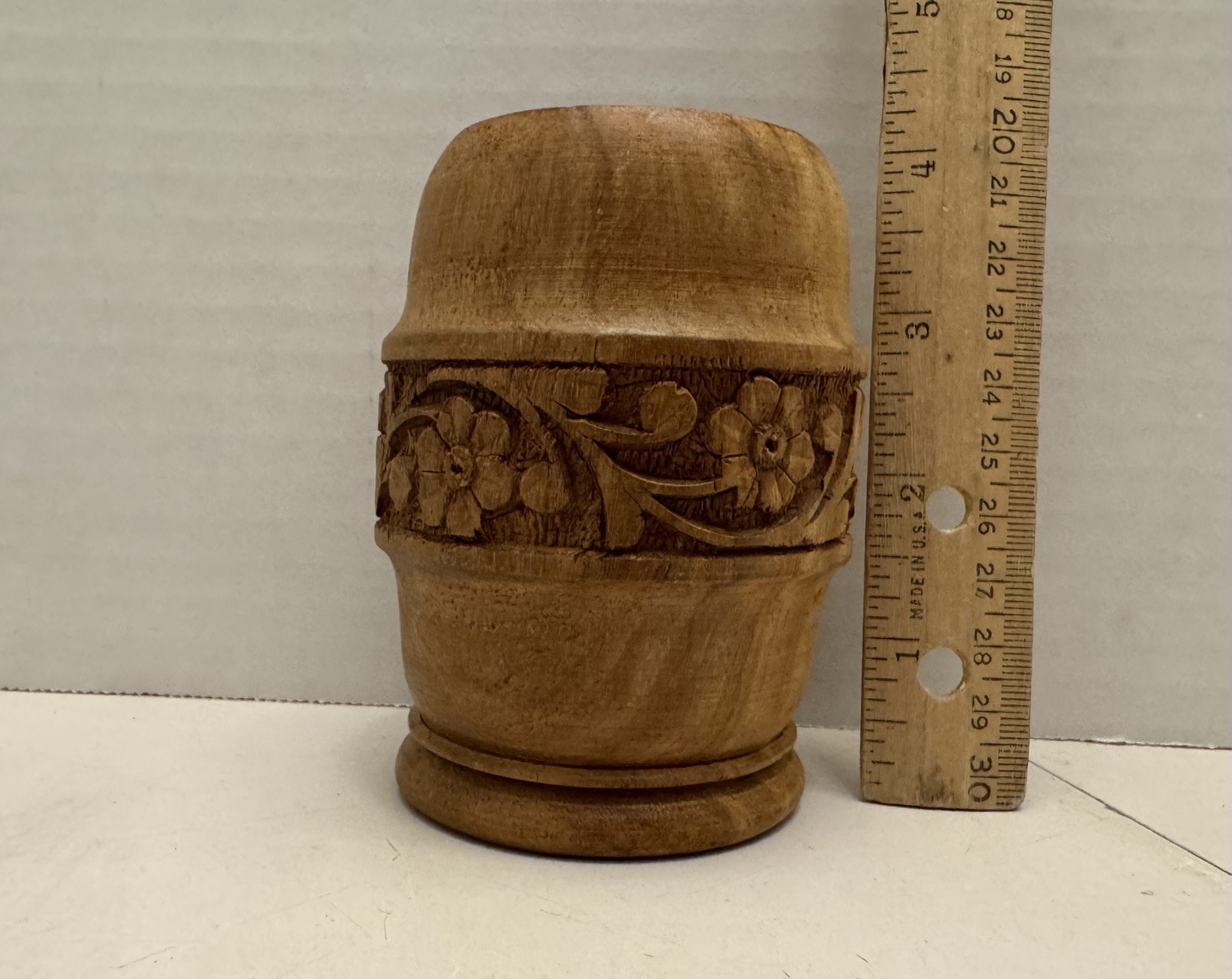 Hand-Carved Pen Holder – Floral Wooden Desk Organizer Cup Made in India