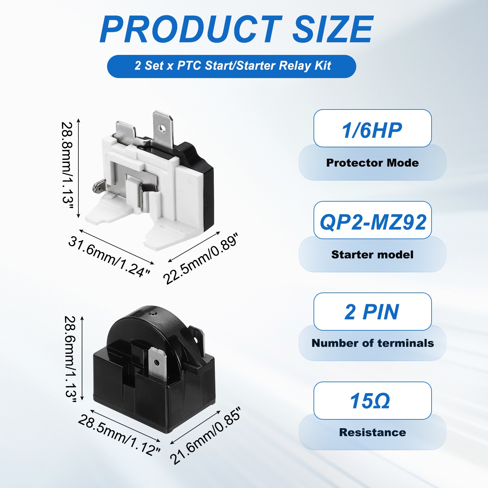 2 Sets PTC Refrigerator Starter Relay 15 Ohm 2Pin and 1/6HP Overload Protector