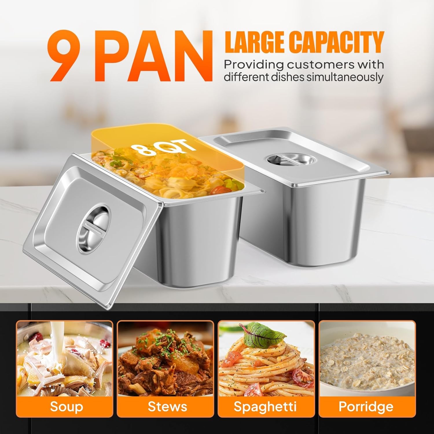 ROVSUN 72QT Electric Commercial Food Warmer 1500W, 9-Pan Steam Table 8QT/Pan