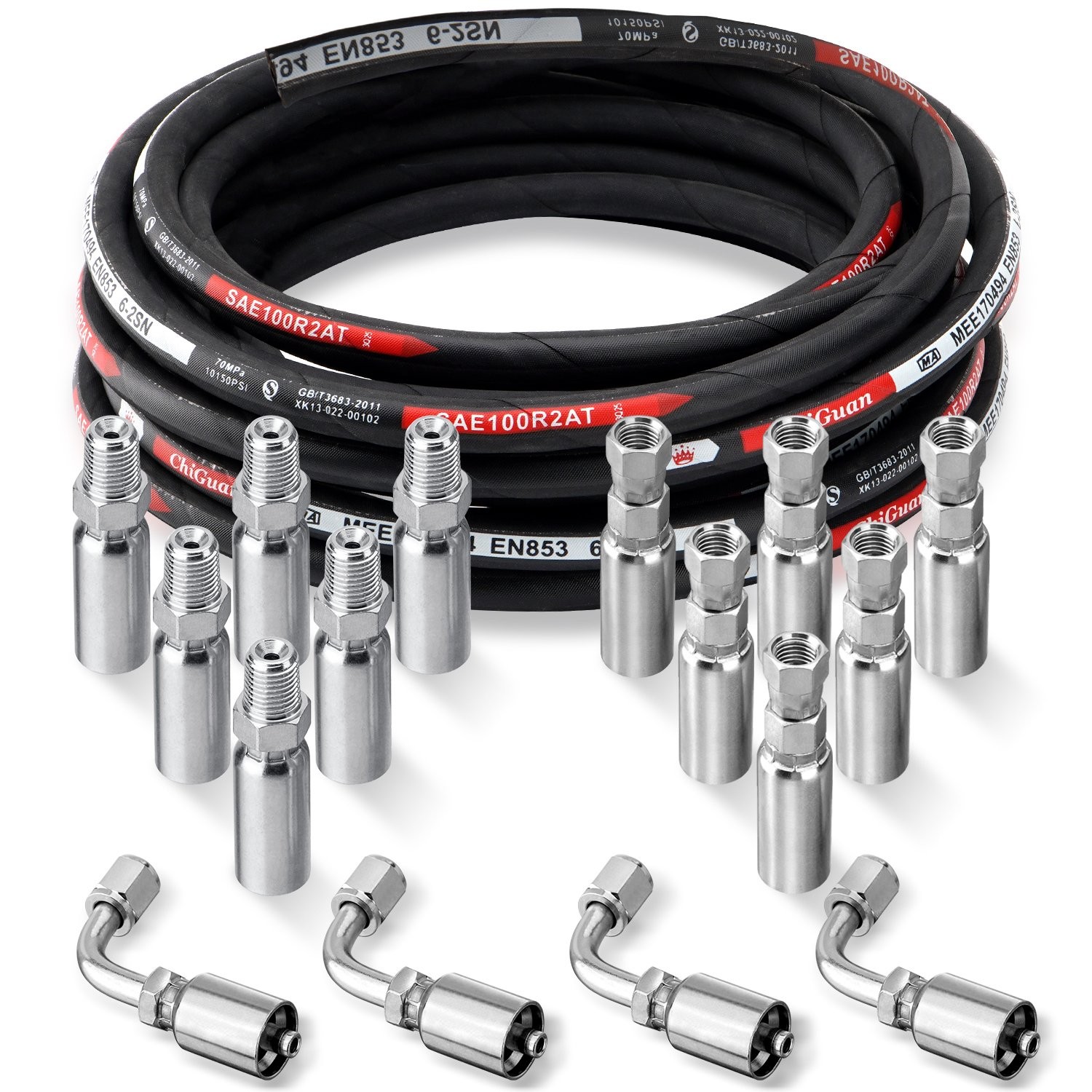 33FT Hydraulic Hose + 16 Fittings Straight & 90° 1/4″ JIC Female & 1/4 NPTF Male