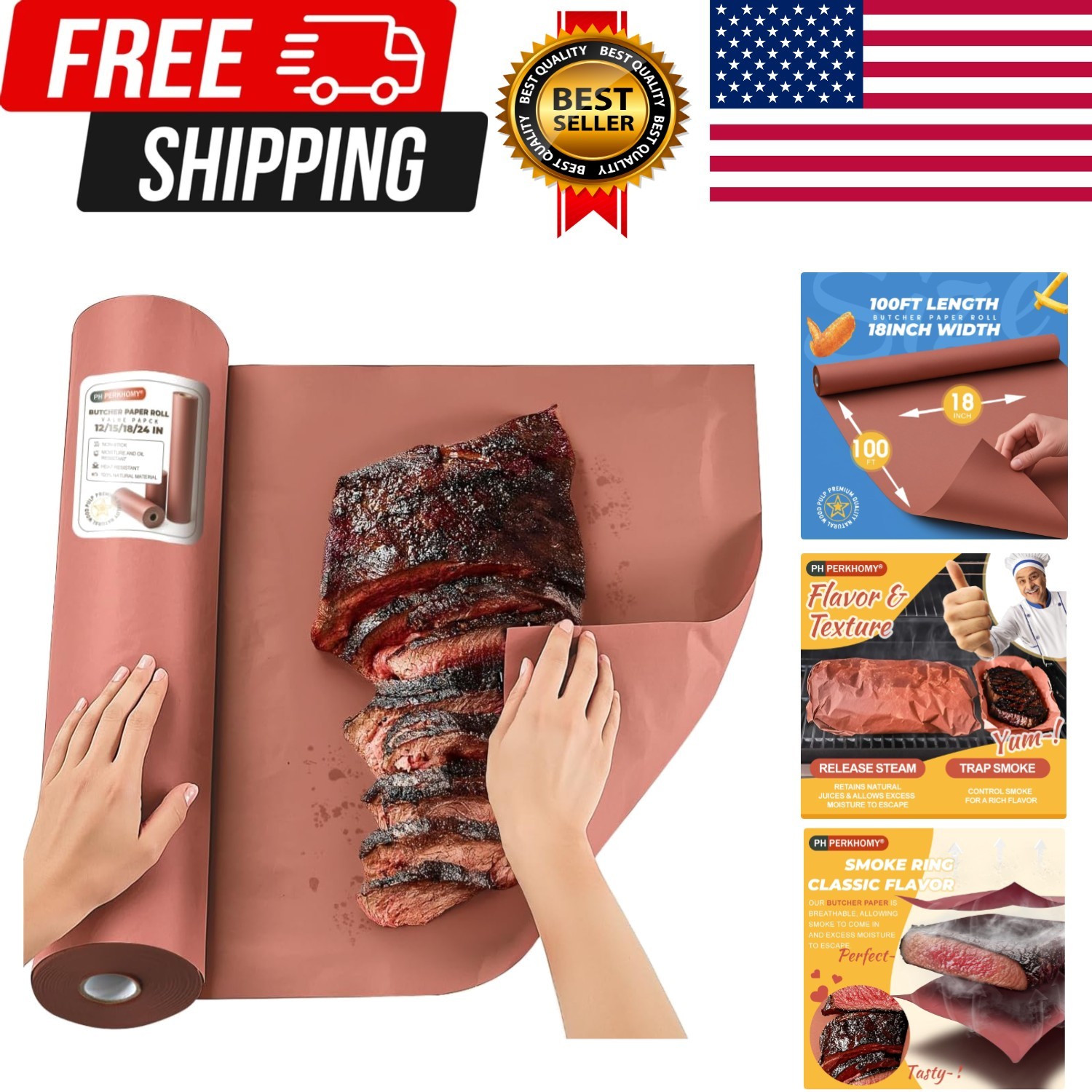 PH PERKHOMY Pink Butcher Paper Roll 18″ X 1200″ (100′) for Smoker BBQ Grilling S
