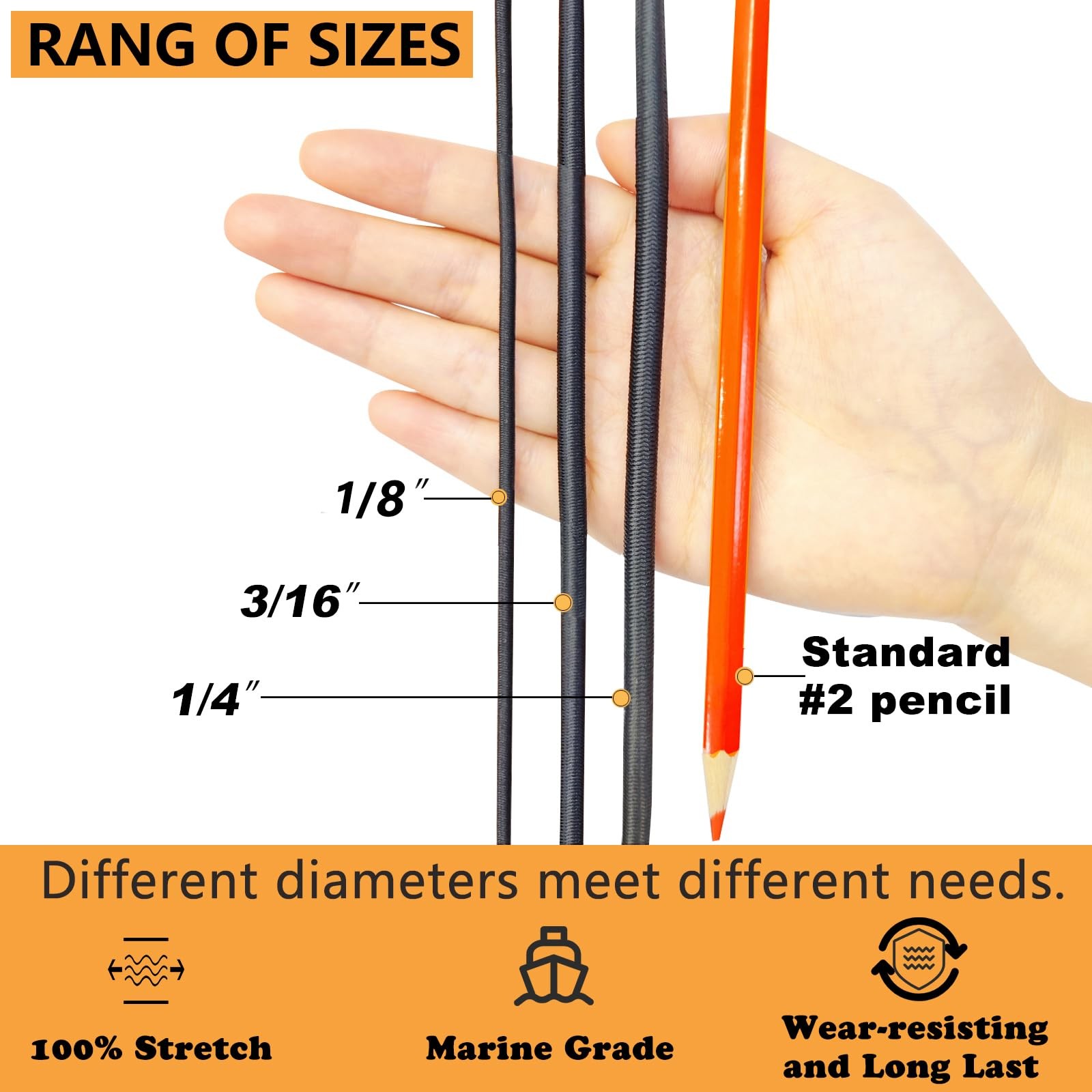 1/4″ x 32′ Marine Grade Bungee Cord Elastic Shock Cord, Kayak Stretch String Rop