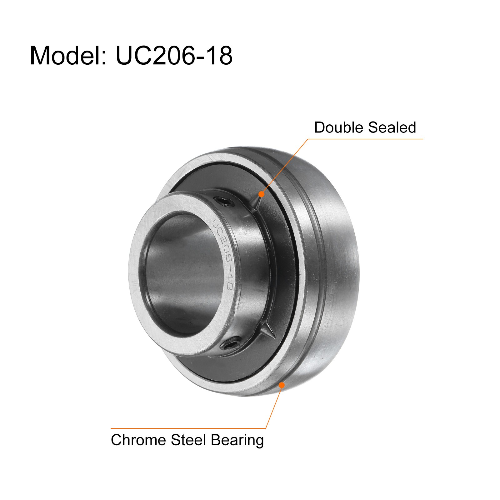 Ball Bearing Insert Chrome Steel Gcr15 UC206-18 Bore 1 1/8″ Set Screws