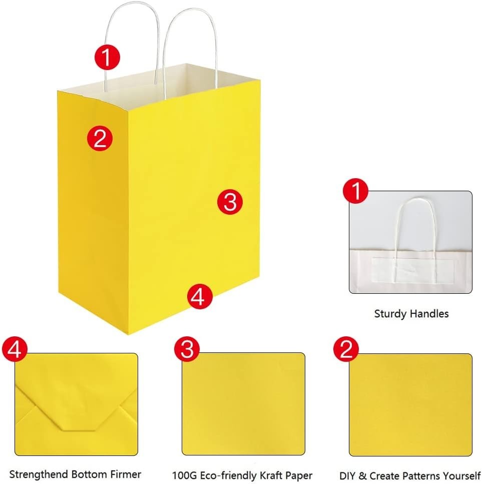 100 Pack 8×4.75×10 Inch Medium Yellow Kraft Paper Bags with Handles Bulk for …