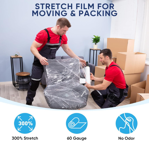 Stretch Wrap Film Roll 2 pack 1000 ft 60 Gauge Industrial Strength 15″ W Handles
