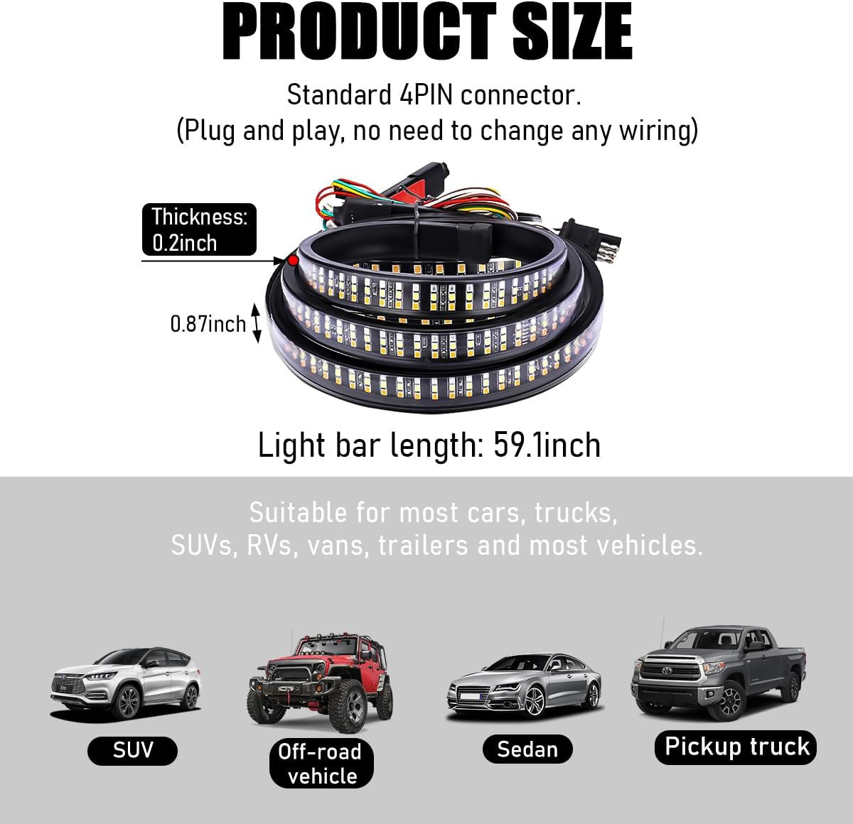 Truck Tailgate Light Bar, 59″ Waterproof Triple Row LED Light Strip, Strip Light