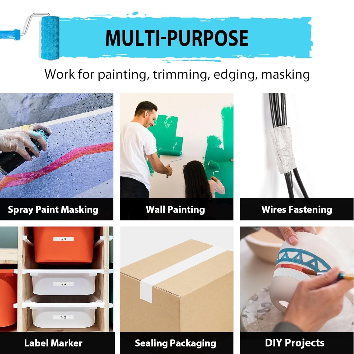 White Painters Tape Multi-Surface Tape, 1 in x 60 yards per roll, Easy to Remove