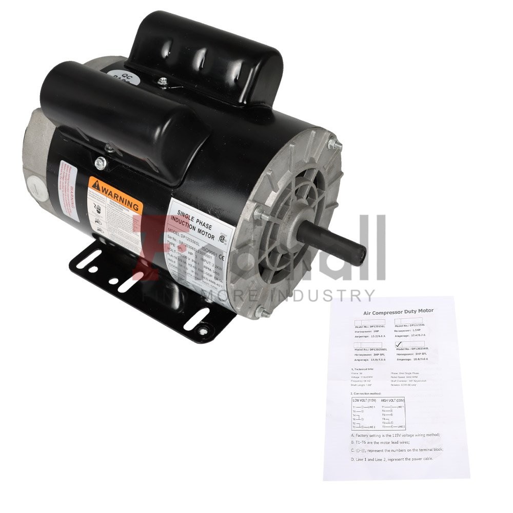 3450 RPM 3 HP SPL Electric Motor Compressor Duty 56 Frame 1 Phase 115/230 Volts