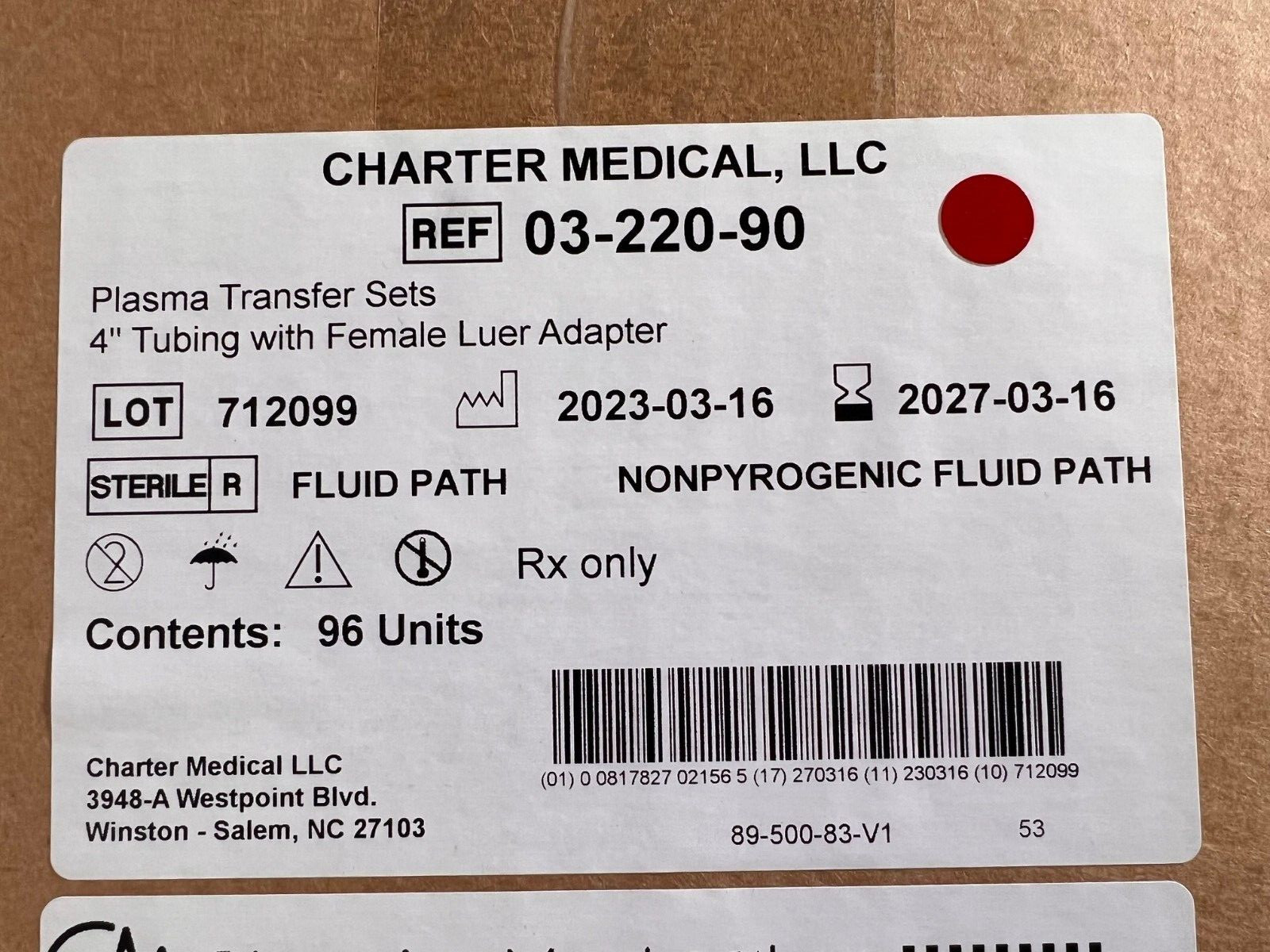 New Sealed Charter Medical 03-220-90 Box, Content 96 Units Good until March 2027
