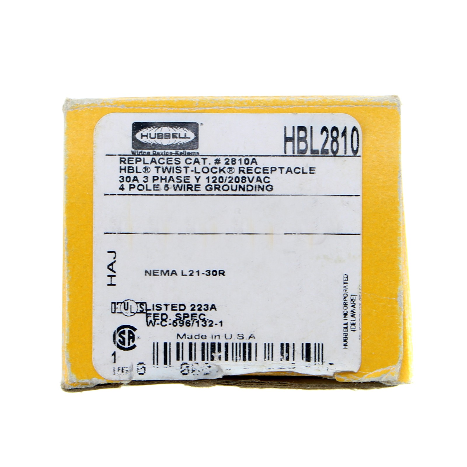 HUBBELL HBL2810 TWIST-LOCK RECEPTACLE, NEMA L21-30R, 4P, 5W, 120/208V, 30A