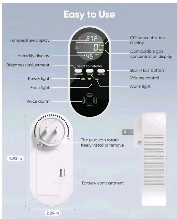 New 5-in-1 Carbon Monoxide Detector Natural Gas Leak Detector KH168 Travel/Home