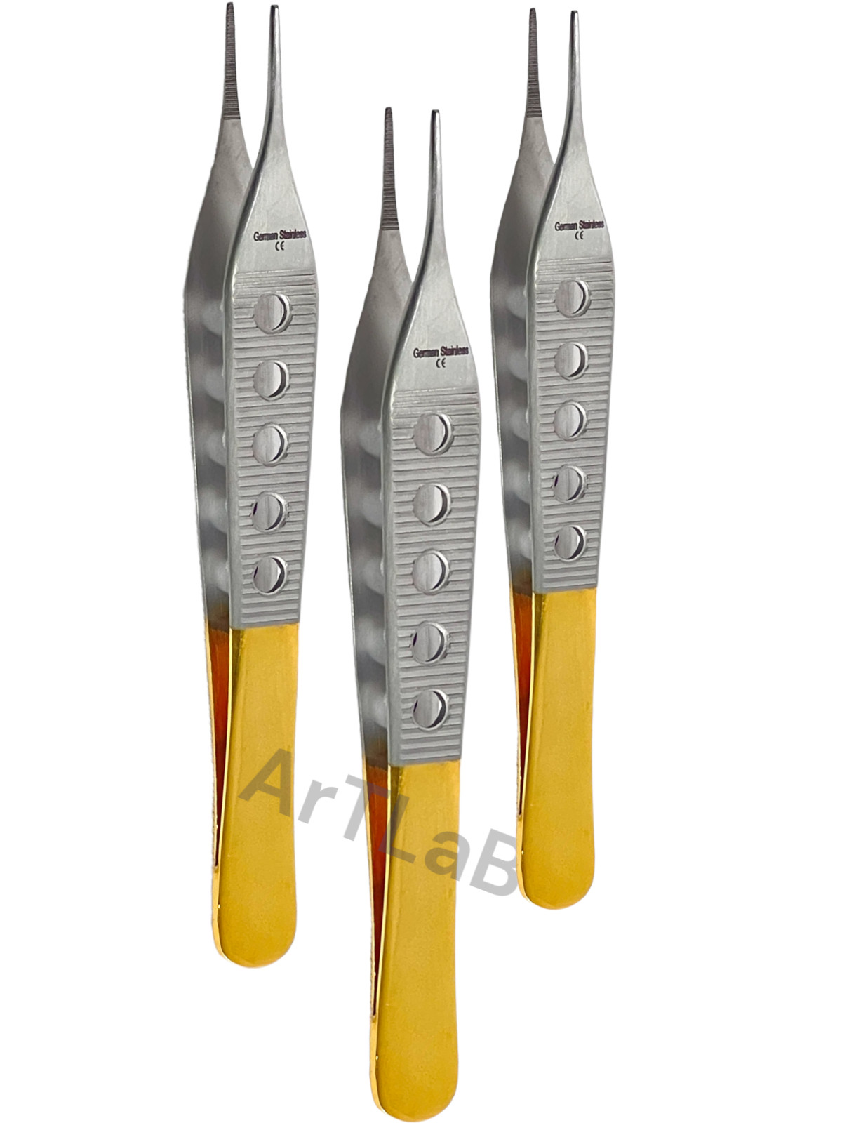 Fine Serrated Tip Adson Dressing Forceps 4.75″ w/ Gold Perforated Handle, STR