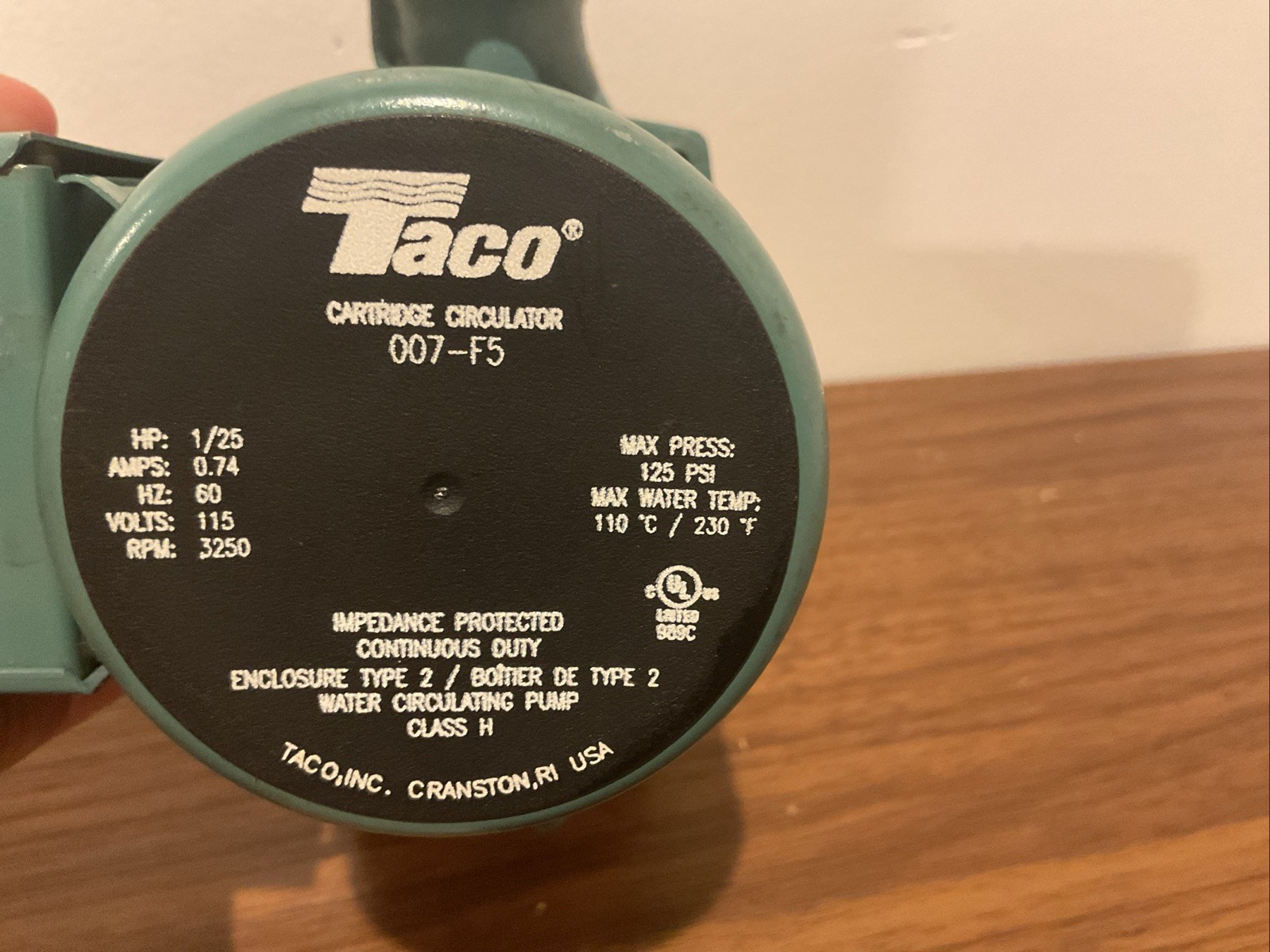 Taco 007-F5 Cast Iron Circulator, 1/25 HP Pump, 00 Series – Untested