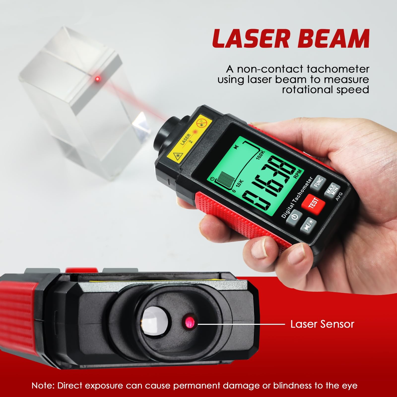 Digital RPM Tachometer NonContact Laser Speed Meter LCD Backlight Data Hold