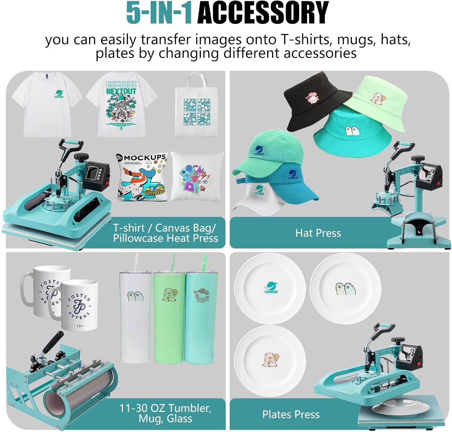 Combo 5 IN 1 T-Shirt Heat Press Transfer Machine 15″x15″ Sublimation Swing Away