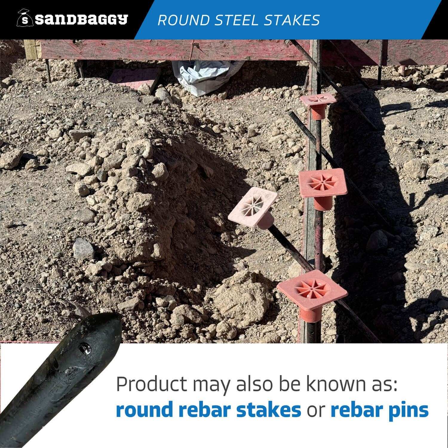 Sandbaggy 36″ Round Steel Concrete Form Stakes – No Nail Holes – 1″ Diameter