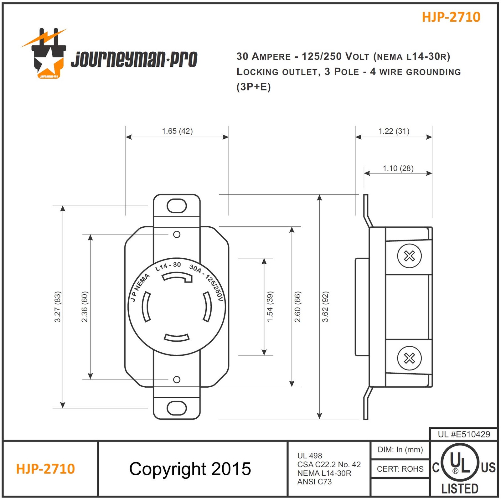 Journeyman-Pro 2710, NEMA L14-30R, 30A 125/250 Volt, Flush Mounting Locking Rece