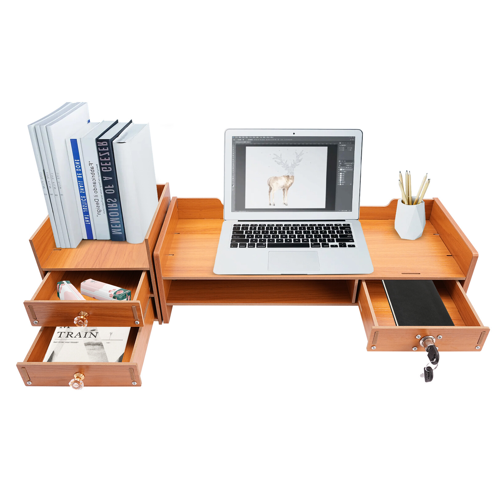 Computer Monitor Stand With Lockable Drawer & Phone Holder For Home Office