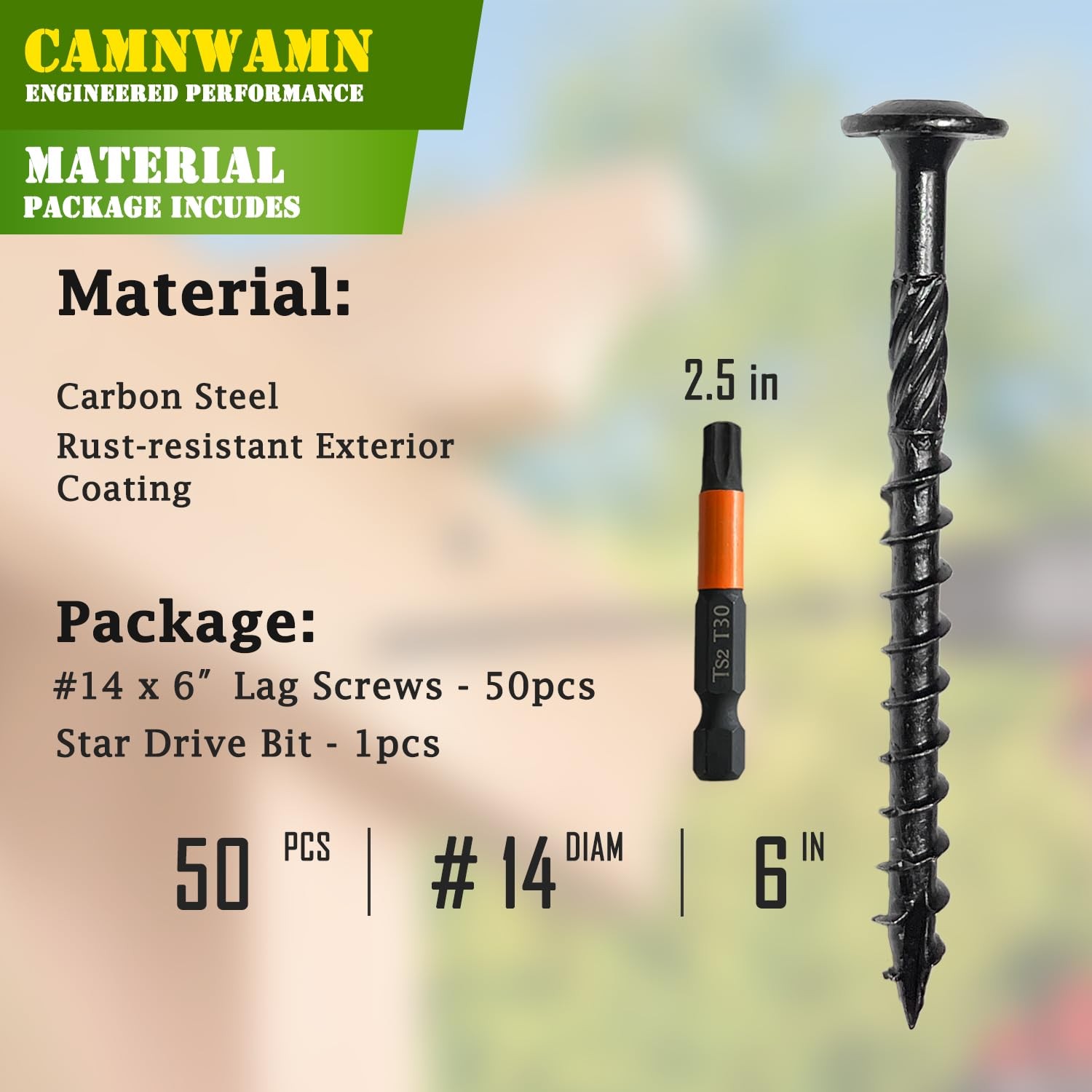 [Pack of 50] #14 x 6 Wood Structural Lag Screws, Black Coated x 6″,